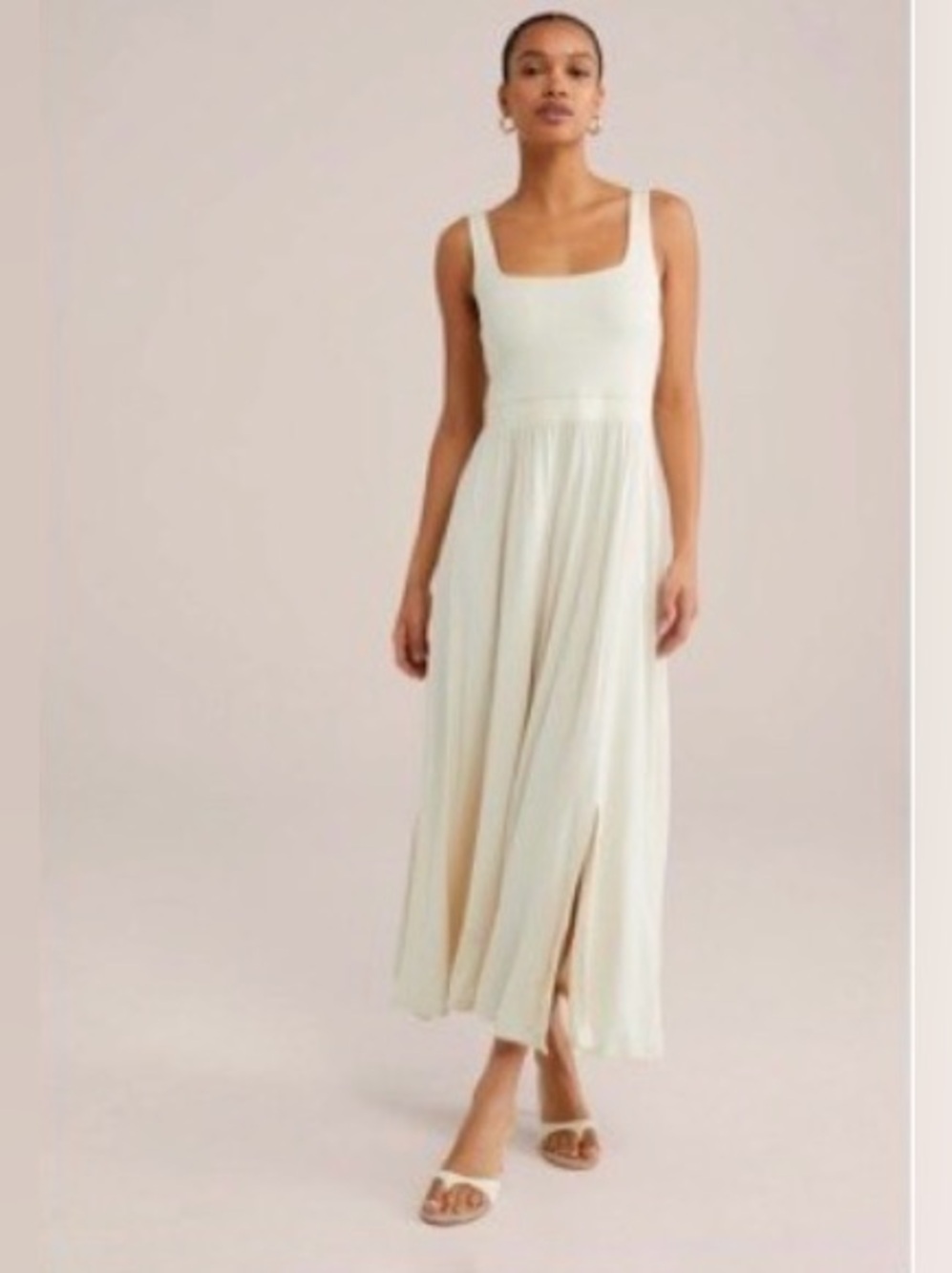 Sleeveless Cream Maxi Dress with Scoop Neckline and Gathered Waist